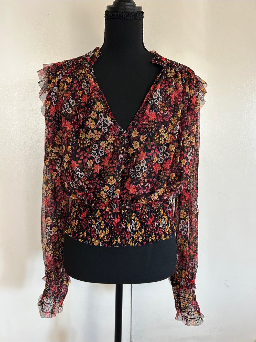 Free People Twyla Sheer Floral Ruffle Long Sleeve Cropped Blouse in Black